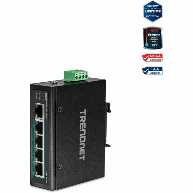 TRENDnet 5-Port Hardened Industrial Unmanaged Gigabit Switch; TI-PG50; 10-100-1000Mbps; DIN-Rail Switch; 4 x Gigabit PoE+ Ports; 1 x Gigabit Port; Gigabit Ethernet Network Switch; Lifetime Protection