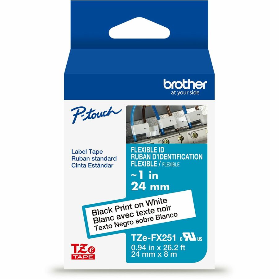 Brother Genuine P-touch TZeFX251 BK on WHT Label Tape, Flexible ID Laminated, 24mmX8m