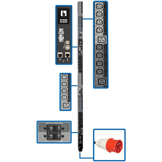 Tripp Lite by Eaton PDU 23kW 220-240V 3PH Switched PDU - LX Interface Gigabit 30 Outlets IEC 309 32A Red 380-415V Input LCD 1.8 m Cord 0U 1.8 m Height TAA